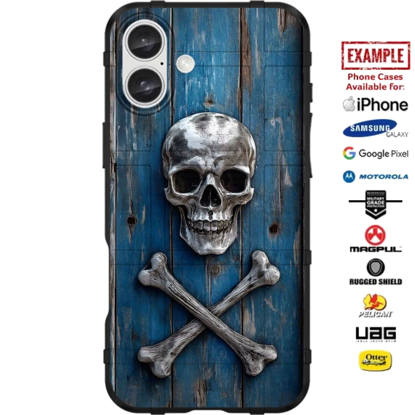 Jolly Roger Pirate Crossbones on Blue Shiplap Custom Printed Case Design for Apple, Samsung, Google & Motorola Phone Models