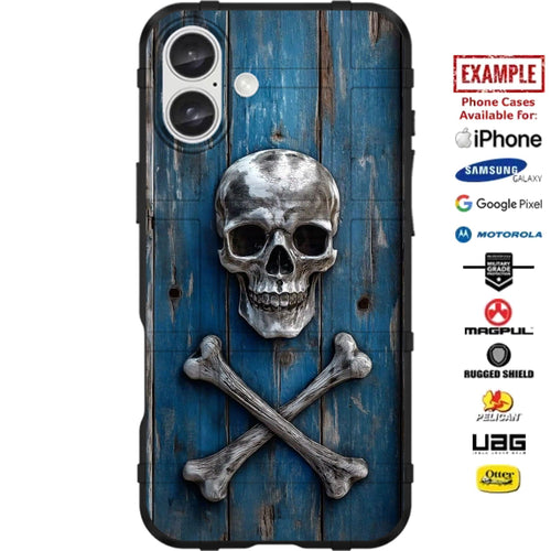 Jolly Roger Pirate Crossbones on Blue Shiplap Custom Printed Case Design for Apple, Samsung, Google & Motorola Phone Models