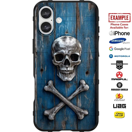 Jolly Roger Pirate Crossbones on Blue Shiplap Custom Printed Case Design for Apple, Samsung, Google & Motorola Phone Models