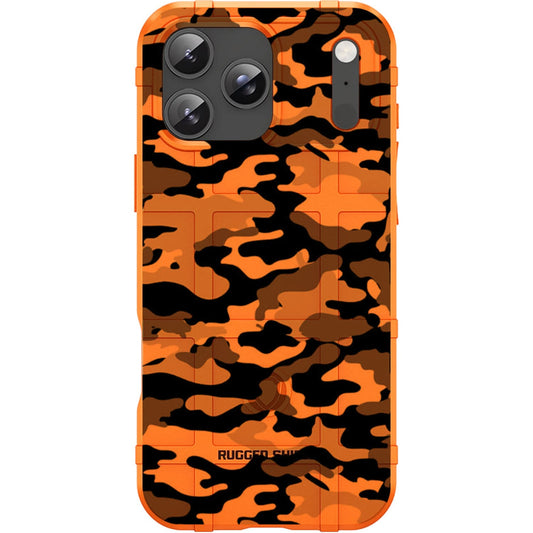 Orange Rugged Shield TPU Case with MagSafe Ring - Black Grey Camo Design for iPhone 17 Pro & 17 Pro Max phone models