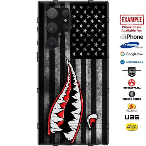 Psycho Teeth Warhawk Tiger Shark on Subdued US Flag Custom Printed Case Design for Apple, Samsung, Google & Motorola Phone Models