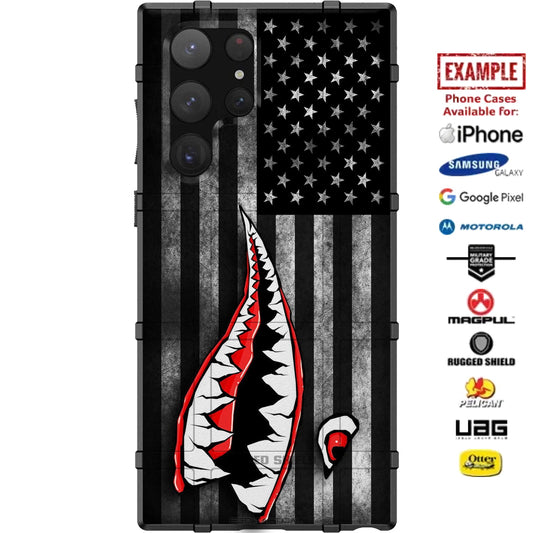 Psycho Teeth Warhawk Tiger Shark on Subdued US Flag Custom Printed Case Design for Apple, Samsung, Google & Motorola Phone Models
