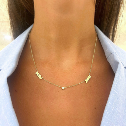 Custom Gold Bubble Name Necklace with Bezeled Heart Diamonds