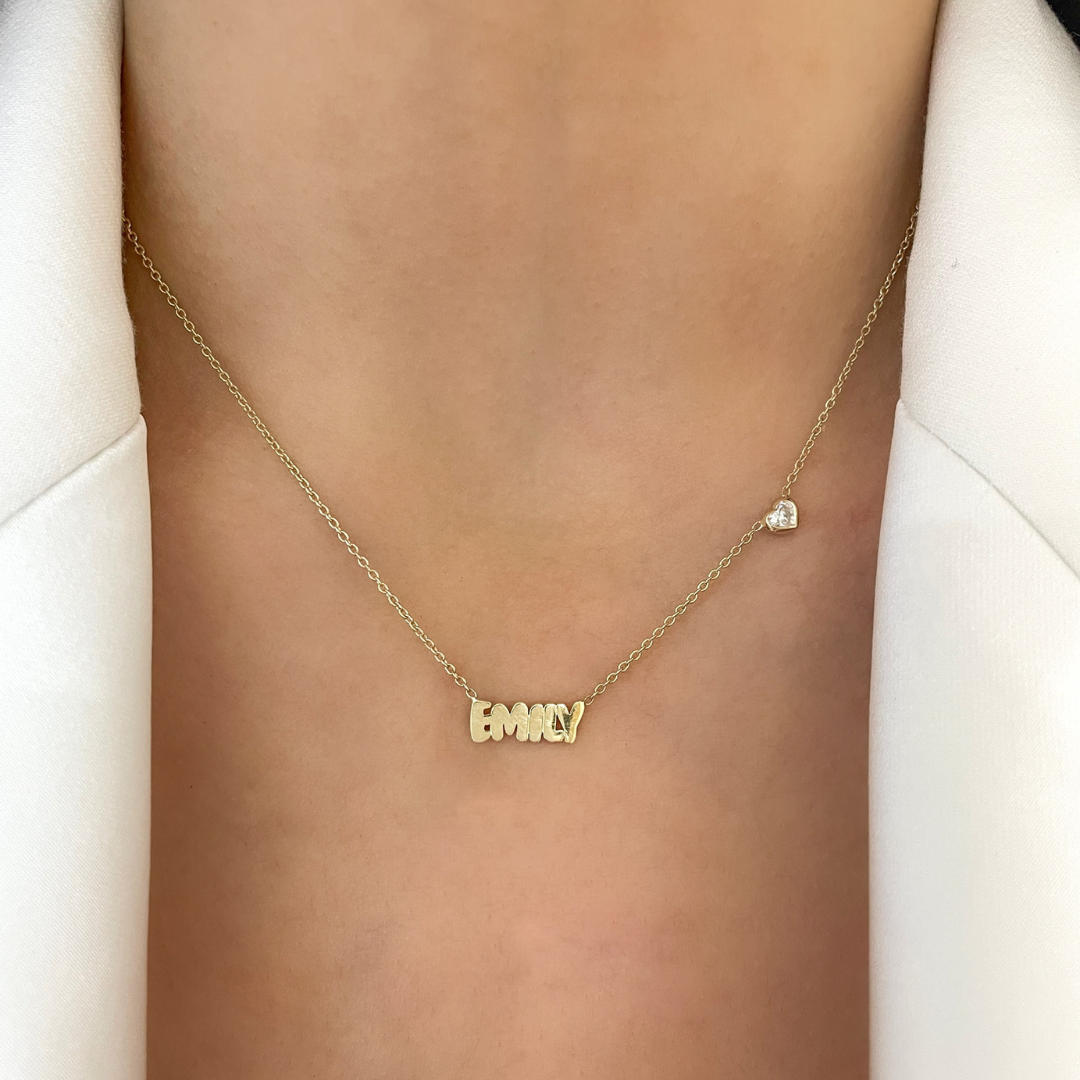 Custom Gold Bubble Name Necklace with Bezeled Heart Diamonds