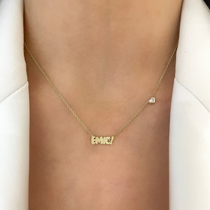 Custom Gold Bubble Name Necklace with Bezeled Heart Diamonds