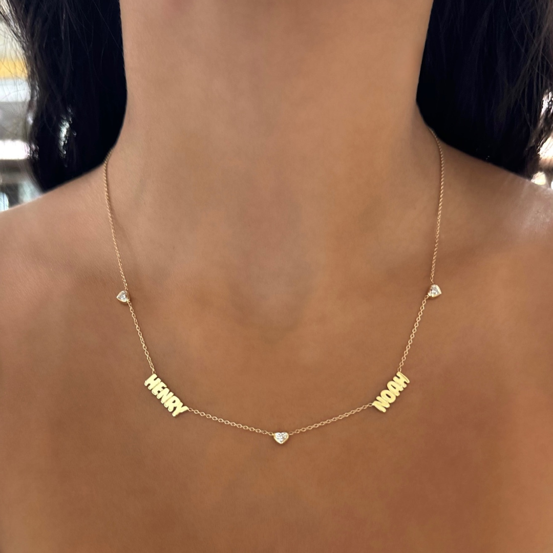 Custom Gold Bubble Name Necklace with Bezeled Heart Diamonds