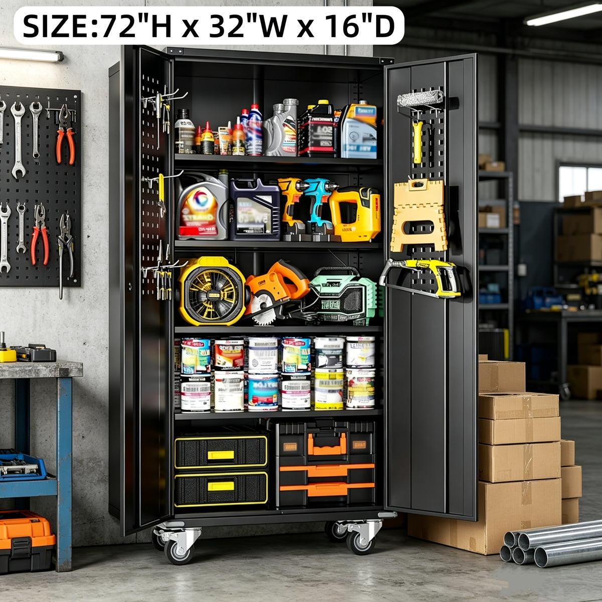 [With Wheels, Adjustable] Metal Storage Cabinet With Wheels, Pegboards, Locking Doors And 4 Adjustable Shelves, 71"H/72"H/73"H Tool Cabinet For Garage, Home, Basement, Kitchen