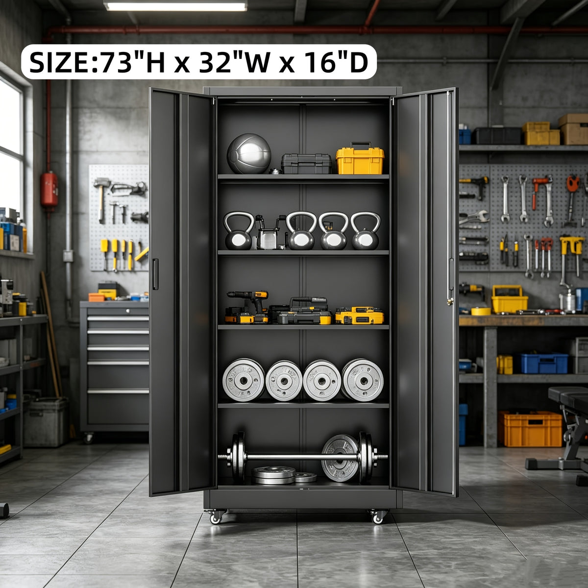 [With Wheels, Adjustable] Metal Storage Cabinet With Wheels, Pegboards, Locking Doors And 4 Adjustable Shelves, 71"H/72"H/73"H Tool Cabinet For Garage, Home, Basement, Kitchen