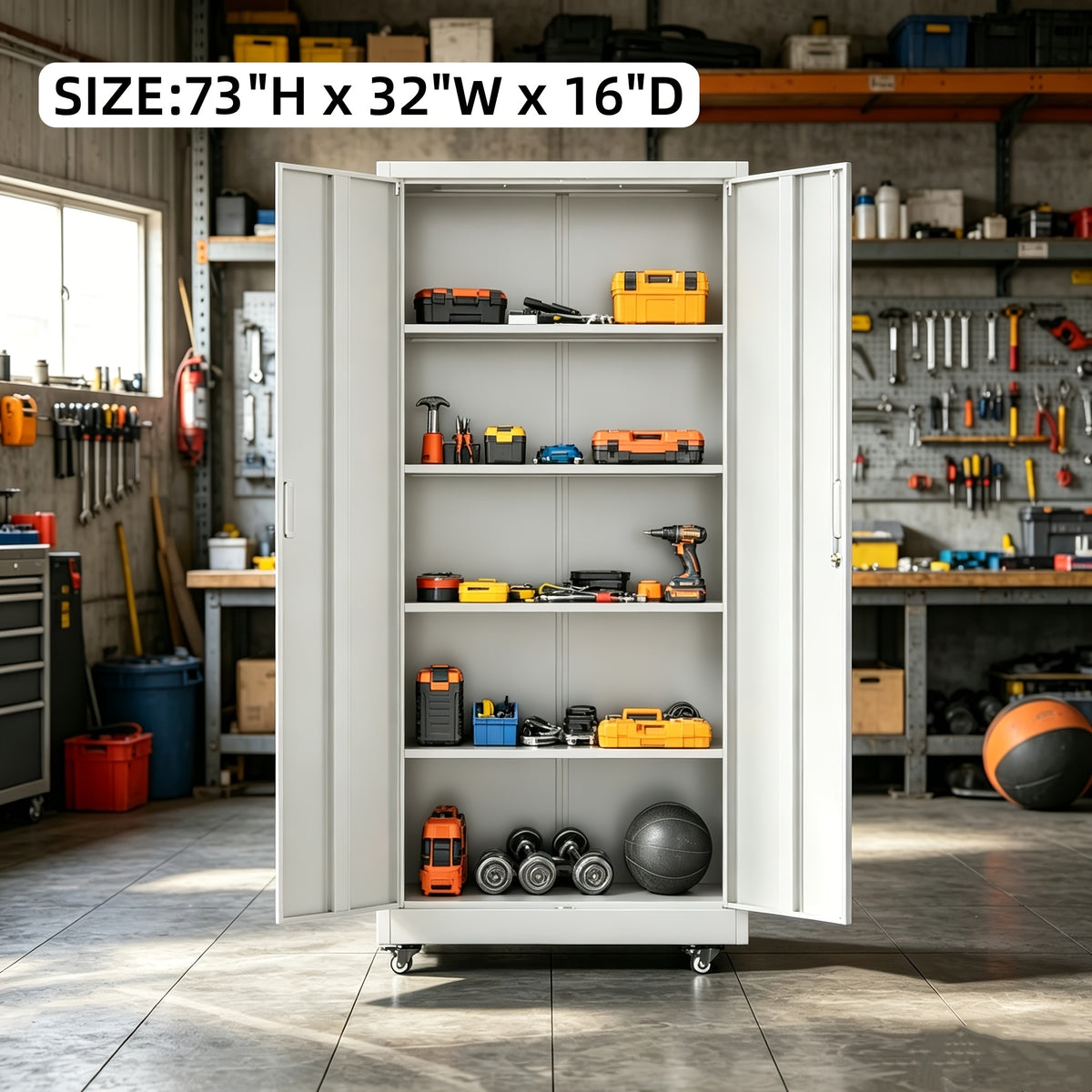 [With Wheels, Adjustable] Metal Storage Cabinet With Wheels, Pegboards, Locking Doors And 4 Adjustable Shelves, 71"H/72"H/73"H Tool Cabinet For Garage, Home, Basement, Kitchen