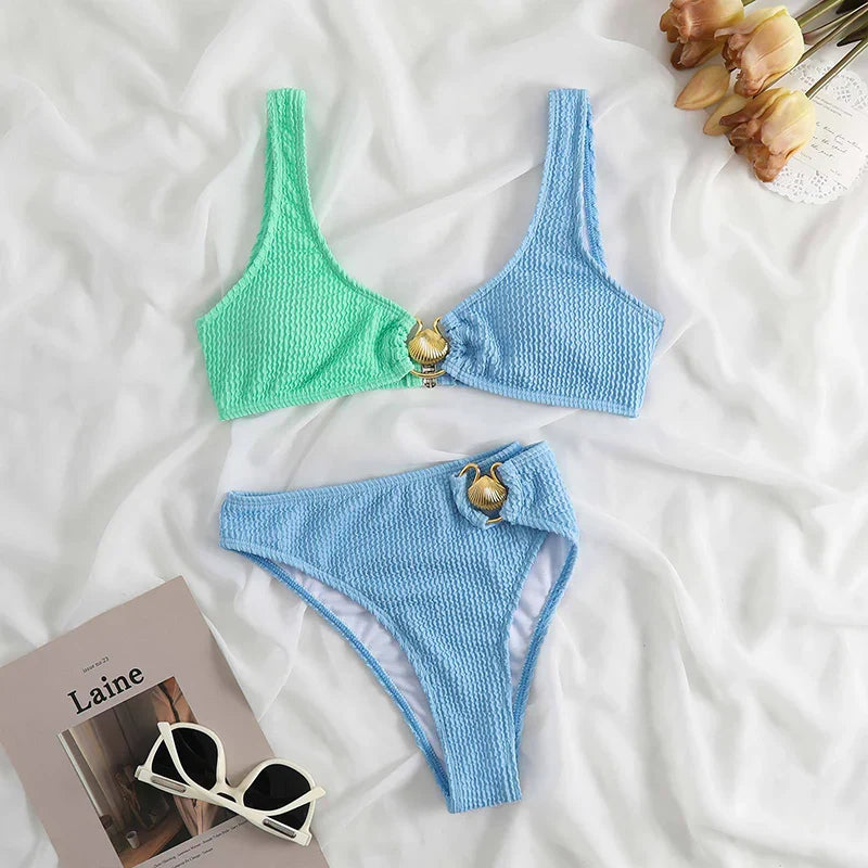 Textured Knit Block Colour Bikini Set