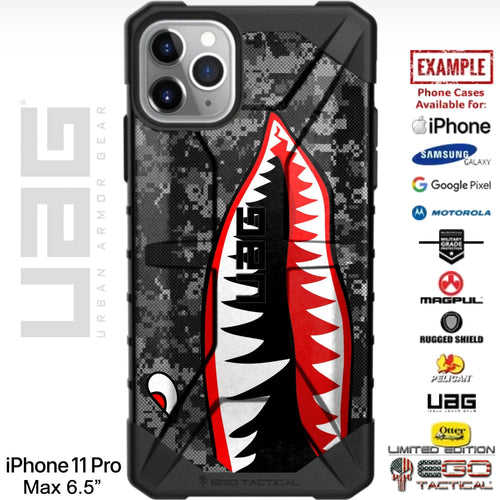 P-40 Flying Tigers Warhawk Tiger Shark Teeth on Black Ops Camo Custom Printed Case Design for Apple, Samsung, Google & Motorola Phone Models
