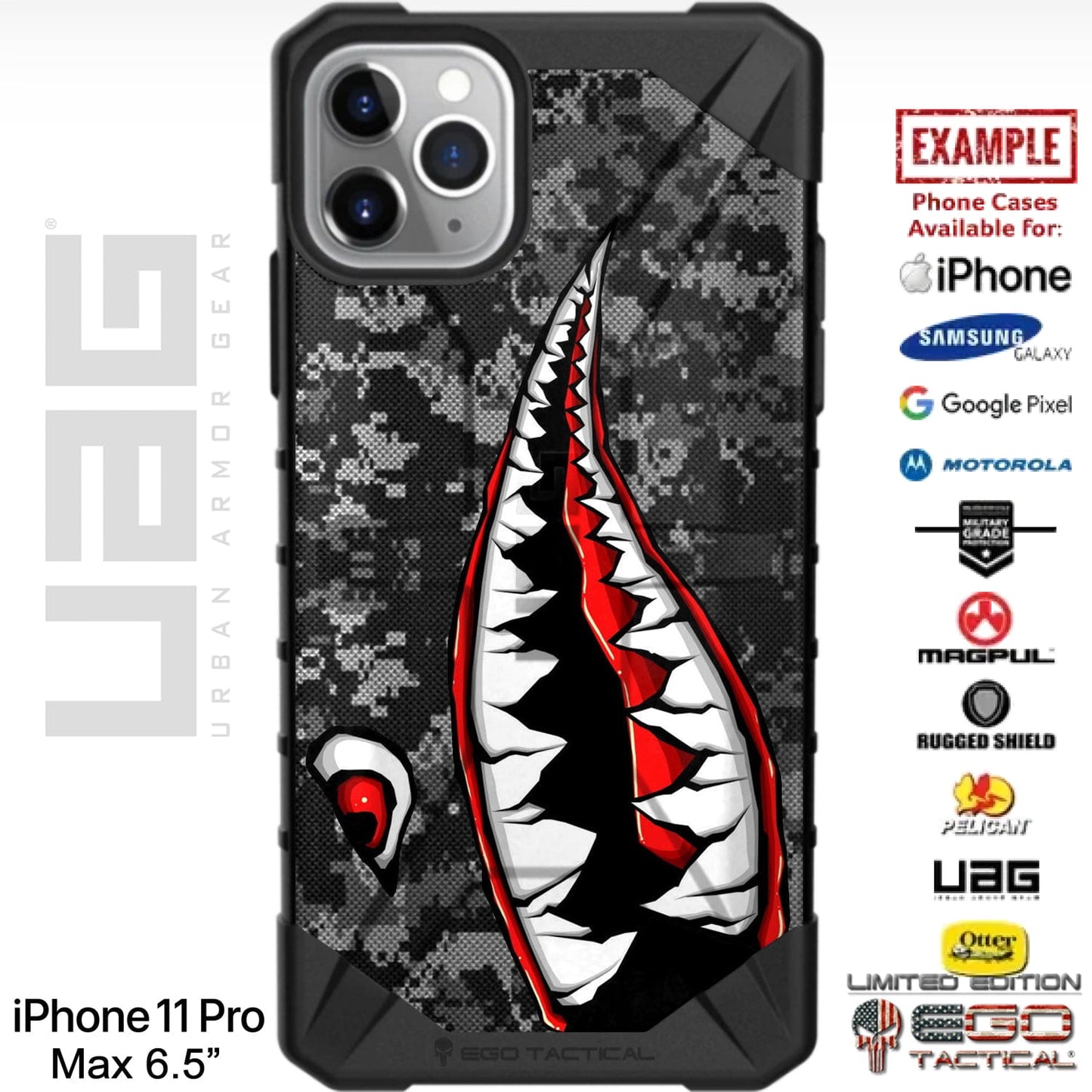 Psycho Teeth Warhawk Tiger Shark on Black Ops Camo Custom Printed Case Design for Apple, Samsung, Google & Motorola Phone Models