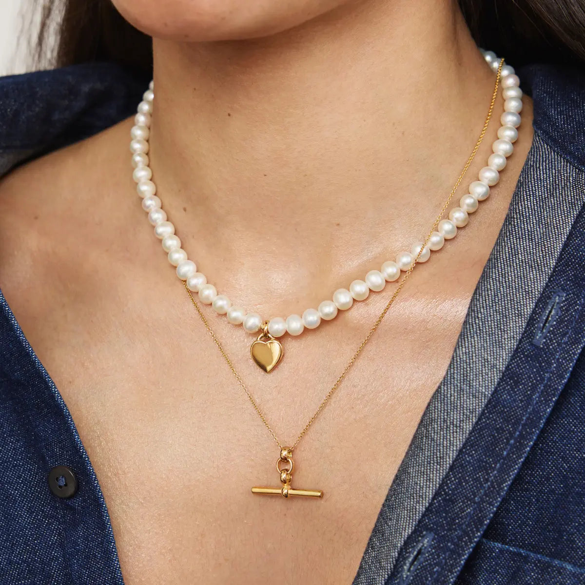 Gold T-Bar and Large Pearl Personalised Heart Necklace Gift Set