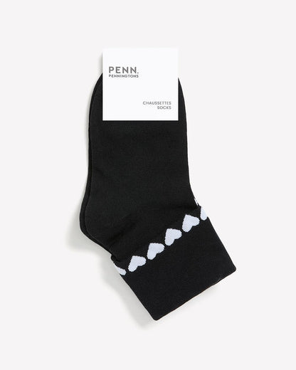 Black Fold-Over Ankle Socks with Heart Print