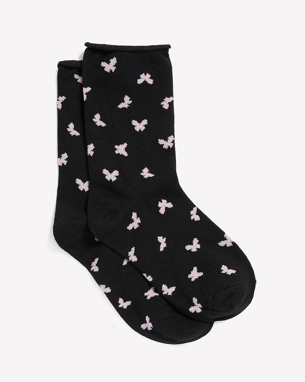 Black Butterfly-Print Crew Socks with Rolled Edge