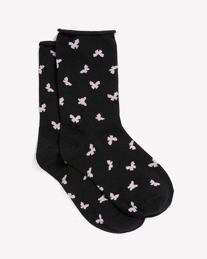 Black Butterfly-Print Crew Socks with Rolled Edge