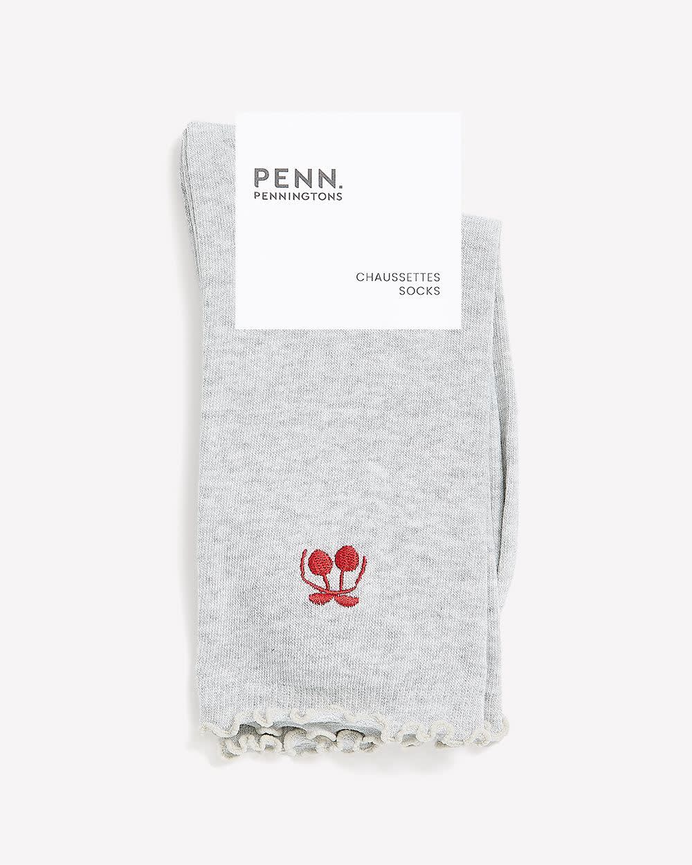 Grey Lettuce-Edge Crew Socks with Cherry Embroidery