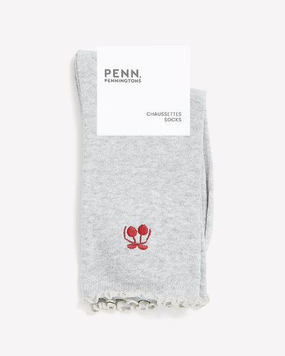 Grey Lettuce-Edge Crew Socks with Cherry Embroidery