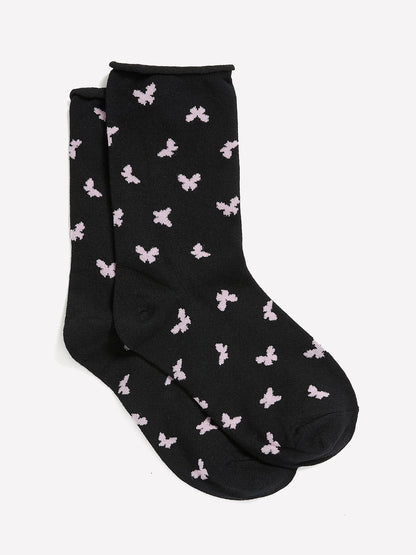 Black Butterfly-Print Crew Socks with Rolled Edge