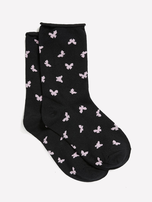 Black Butterfly-Print Crew Socks with Rolled Edge