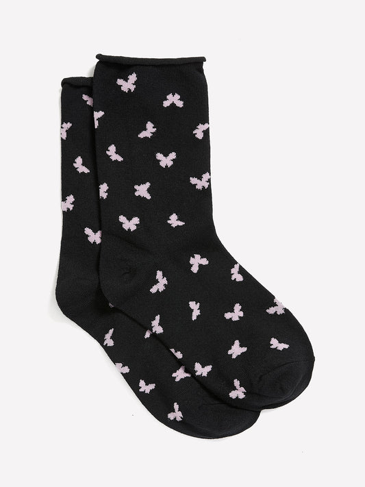 Black Butterfly-Print Crew Socks with Rolled Edge