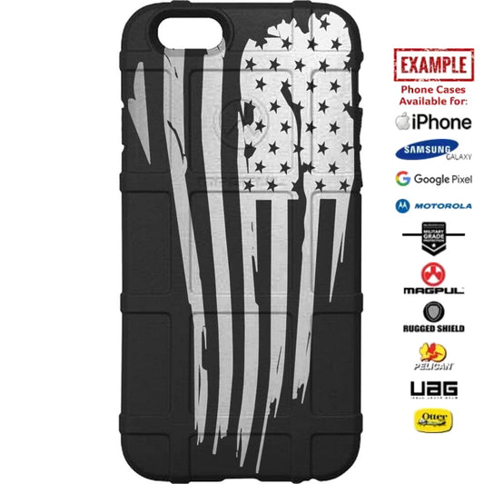 Tattered US American Flag on Black Custom Printed Case Design for Apple, Samsung, Google & Motorola Phone Models