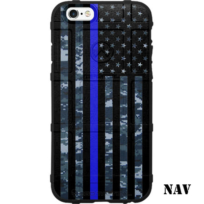 Subdued USA Thin Blue Line Flag on Various Camo Custom Printed Case Design for Apple, Samsung, Google & Motorola Phone Models