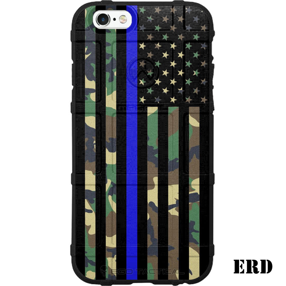Subdued USA Thin Blue Line Flag on Various Camo Custom Printed Case Design for Apple, Samsung, Google & Motorola Phone Models