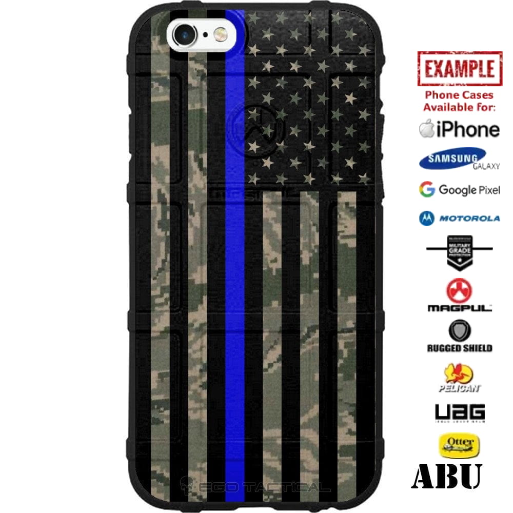 Subdued USA Thin Blue Line Flag on Various Camo Custom Printed Case Design for Apple, Samsung, Google & Motorola Phone Models