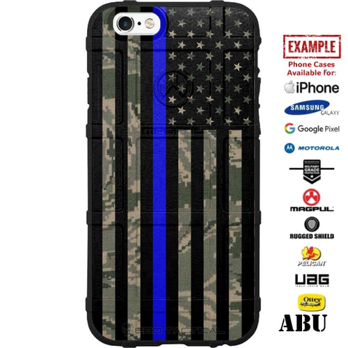 Subdued USA Thin Blue Line Flag on Various Camo Custom Printed Case Design for Apple, Samsung, Google & Motorola Phone Models