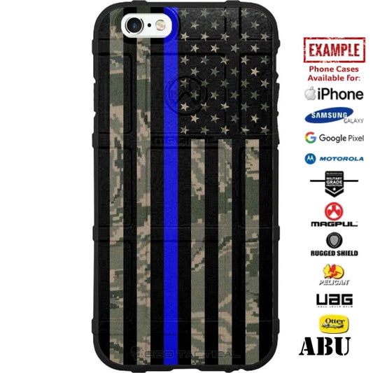 Subdued USA Thin Blue Line Flag on Various Camo Custom Printed Case Design for Apple, Samsung, Google & Motorola Phone Models