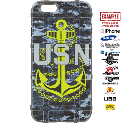 US Navy Anchor on Navy Digital Camouflage Custom Printed Case Design for Apple, Samsung, Google & Motorola Phone Models