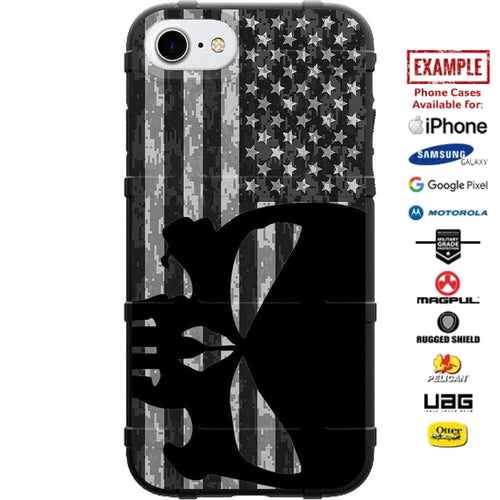 Black Punisher Sideways Subdued USA Flag Digi Camo Custom Printed Case Design for Apple, Samsung, Google & Motorola Phone Models