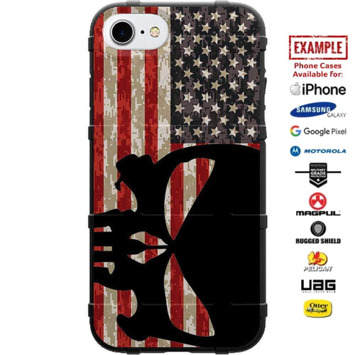 Black Punisher Sideways on USA Flag on Digi Camo Custom Printed Case Design for Apple, Samsung, Google & Motorola Phone Models
