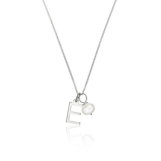 Solid White Gold Initial and Pearl Drop Necklace